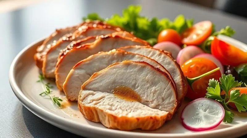 A close-up, photorealistic image of a perfectly cooked, sliced turkey breast revealing its juicy, tender interior. A light, healthy sauce drizzles over it, and a side of fresh, vibrant salad adds color. The setting is a bright, modern dining table, suggesting a healthy and delicious meal. Professional photography, 8K, cinematic lighting, sharp focus, depth of field, shot on a high-end DSLR.
