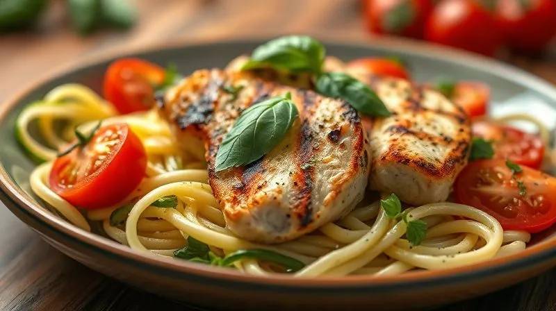 Photorealistic, professional photography, 8K, cinematic lighting, sharp focus on a vibrant plate of zucchini noodles with generous grilled chicken breast slices, cherry tomatoes, and fresh basil, depth of field blurring the background, shot on a high-end DSLR, appetizing and healthy.