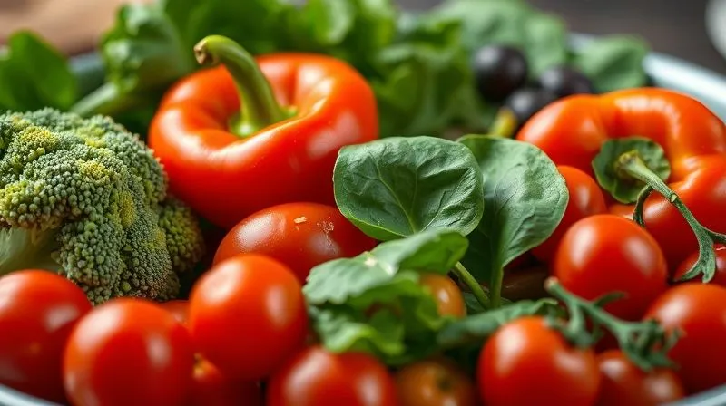 Photorealistic, professional photography, 8K, cinematic lighting, sharp focus on a colorful array of fresh, vibrant vegetables like broccoli florets, spinach leaves, bell peppers, and cherry tomatoes, ready to be added to a dish, depth of field blurring the background, shot on a high-end DSLR, emphasizing health and freshness.