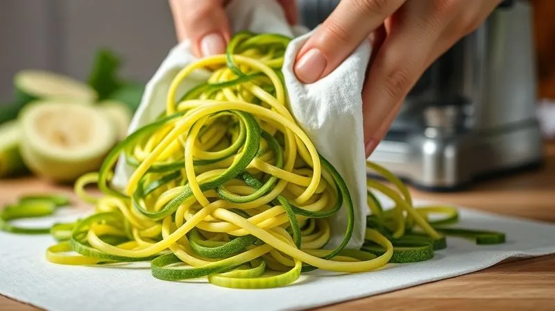 Photorealistic, professional photography, 8K, cinematic lighting, sharp focus on fresh, vibrant zucchini noodles being gently squeezed with paper towels to remove excess moisture, with a spiralizer in the background, depth of field, shot on a high-end DSLR, emphasizing a clean and efficient cooking process.