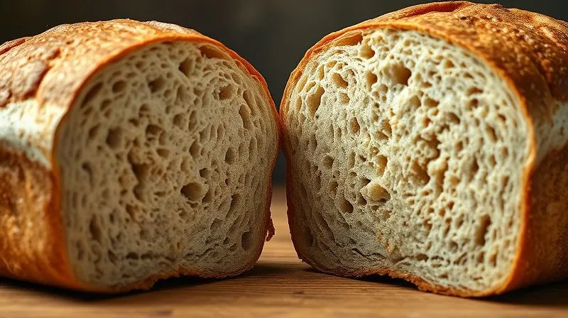 photorealistic, professional photography, 8K, cinematic lighting, sharp focus, depth of field shot on a high-end DSLR showing a cross-section of two whole-grain bread loaves side-by-side: one dense and heavy, the other light and airy with visible pockets of gas, illustrating the difference in crumb structure. The dense loaf looks solid and uninviting, while the airy one appears soft and inviting, with a subtle glow.
