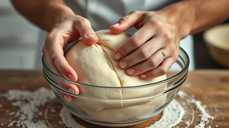 photorealistic, professional photography, 8K, cinematic lighting, sharp focus, depth of field shot on a high-end DSLR showing a baker's hands gently performing the 'stretch and fold' technique on a sticky, whole-grain bread dough in a glass bowl. The dough is visibly elastic and showing early signs of air pockets, with a soft, warm light highlighting the texture of the dough and the flour on the hands. The background is a clean, minimalist kitchen setting.