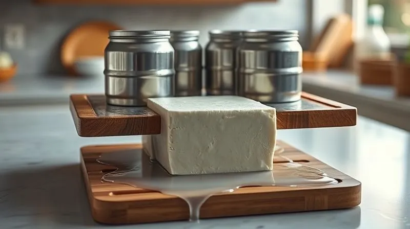 Photorealistic image of a block of extra-firm tofu being pressed between two cutting boards with several heavy cans on top, water visibly dripping onto a clean kitchen counter. The scene is well-lit with soft, cinematic lighting, sharp focus on the tofu and pressing setup, depth of field blurring the background, 8K, professional photography, shot on a high-end DSLR.