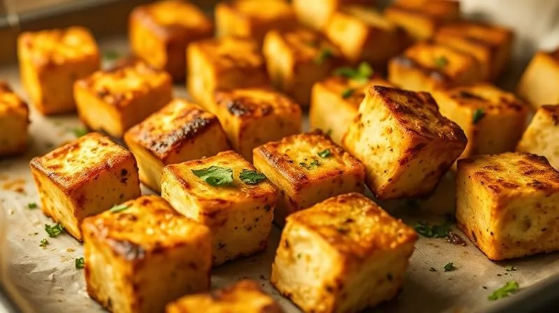 A close-up, photorealistic shot of perfectly baked, golden-brown tofu cubes with a visibly crispy exterior, lightly seasoned with fresh parsley, on a parchment-lined baking sheet, just out of the oven. The scene is bathed in warm, cinematic lighting, with a sharp focus on the textured tofu and a soft depth of field blurring the background, 8K, professional photography, shot on a high-end DSLR, conveying deliciousness and a healthy meal.