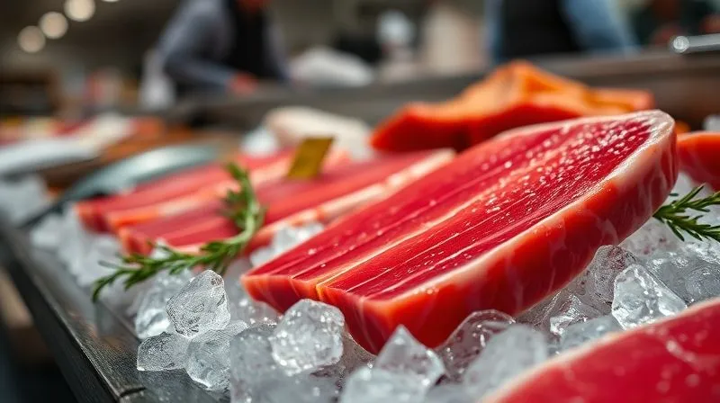 A close-up, photorealistic image of a fresh, vibrant red tuna steak on a bed of ice in a fish market, professional photography, 8K, cinematic lighting, sharp focus, depth of field, shot on a high-end DSLR, emphasizing quality and freshness.