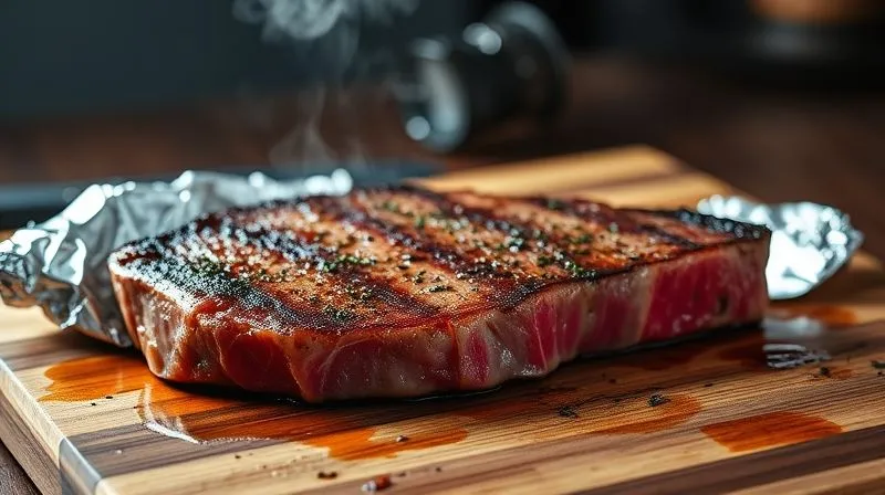 A photorealistic image of a perfectly seared tuna steak resting on a wooden cutting board, loosely covered with aluminum foil, with steam gently rising. Cinematic lighting, sharp focus, depth of field, 8K, professional photography, shot on a high-end DSLR, emphasizing the resting process.