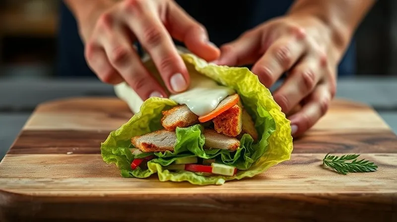 A close-up, photorealistic image of hands expertly rolling a healthy wrap on a wooden cutting board. The layers of ingredients are visible, showing a crisp lettuce base, grilled chicken, and colorful vegetables, with a light sauce being carefully spread. Cinematic lighting, sharp focus on the hands and wrap, depth of field blurring the background. 8K hyper-detailed.
