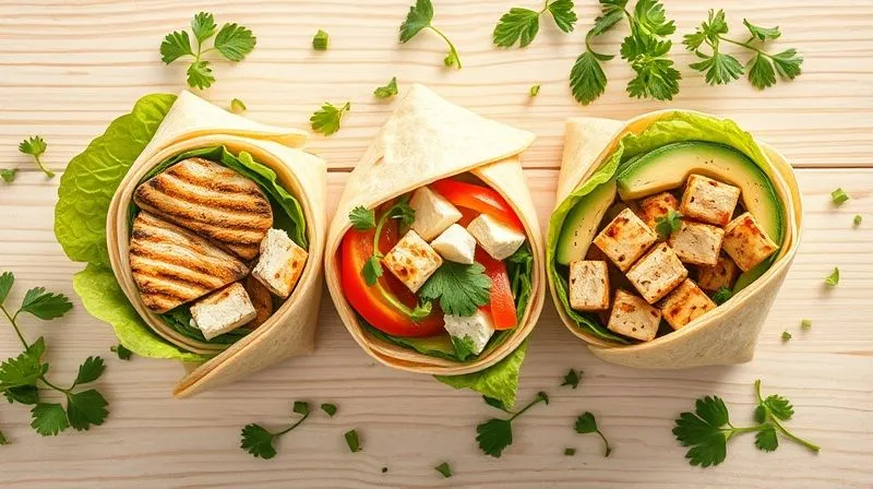 A vibrant, overhead shot of three different types of healthy wraps, each beautifully presented and cut in half, showcasing their fresh ingredients. One wrap features grilled chicken, another feta and vegetables, and a third tofu and avocado. They are arranged artfully on a light wooden table, with fresh herbs scattered around. Photorealistic, professional photography, 8K, bright natural light, sharp focus on the wraps, shallow depth of field. Inviting and colorful.