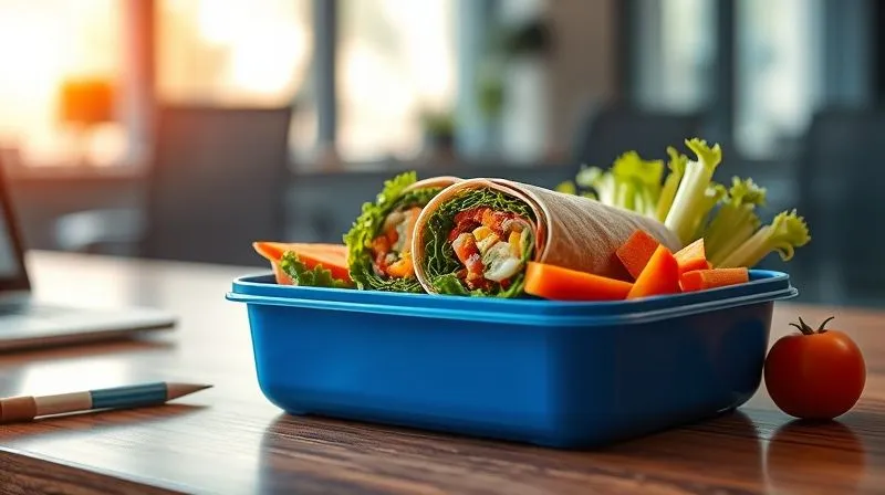 A close-up, photorealistic image of a neatly packed, colorful lunchbox containing a fresh, healthy wrap alongside some crunchy vegetable sticks and a small fruit salad. The lunchbox is on a desk in a modern office environment, bathed in soft, inviting light, suggesting a satisfying and energizing lunch break. Professional photography, 8K, sharp focus on the lunchbox, depth of field blurring the office background. Emphasizes health and convenience.
