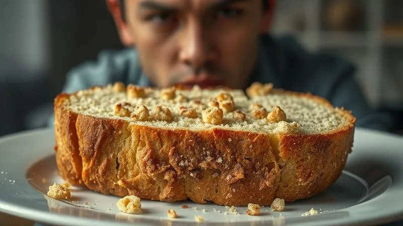 Photorealistic image of dry, crumbly protein bread on a plate, looking unappetizing, with a sad expression in the background. Cinematic lighting, sharp focus, depth of field, 8K, high-end DSLR.