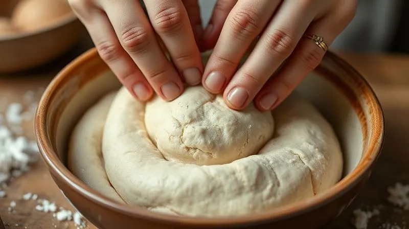 A professional photography shot of hands gently folding protein bread dough in a ceramic bowl, showing a smooth, well-hydrated texture. Soft, cinematic lighting, sharp focus on the dough, depth of field. 8K, high-end DSLR.