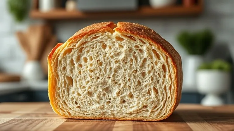 A photorealistic close-up of a perfectly baked, moist slice of protein bread being gently bent without crumbling, showcasing its elasticity. The background shows a modern, healthy kitchen. Cinematic lighting, sharp focus, depth of field, 8K, high-end DSLR.