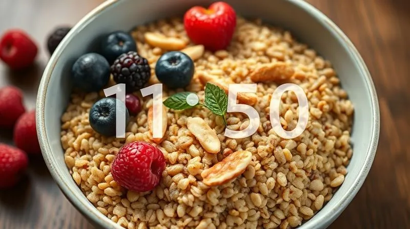 Photorealistic, professional photography, 8K, cinematic lighting, sharp focus, depth of field, shot on a high-end DSLR of a beautifully arranged bowl of cooked millet with some fresh berries and nuts, but with a subtle, almost invisible, calorie counter graphic overlay indicating a high number, suggesting hidden calories.