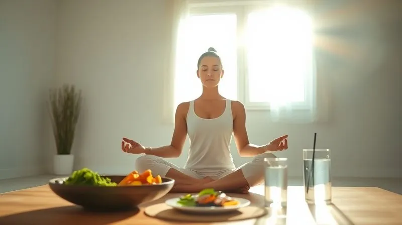 A photorealistic, professional photography, 8K, cinematic lighting, sharp focus, depth of field, shot on a high-end DSLR of a serene person meditating in a sunlit, minimalist room, with a subtle glow around them, conveying peace and balance. On a blurred table in the background, a healthy meal and a glass of water are visible, symbolizing holistic well-being.