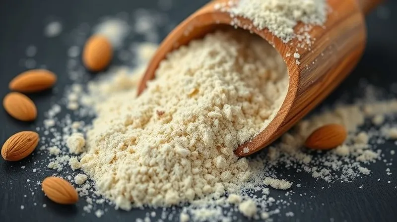 Photorealistic, professional photography, 8K, cinematic lighting, sharp focus, depth of field, shot on a high-end DSLR. A close-up of finely ground almond flour spilling from a rustic wooden scoop onto a dark surface, emphasizing its texture and slight oiliness.