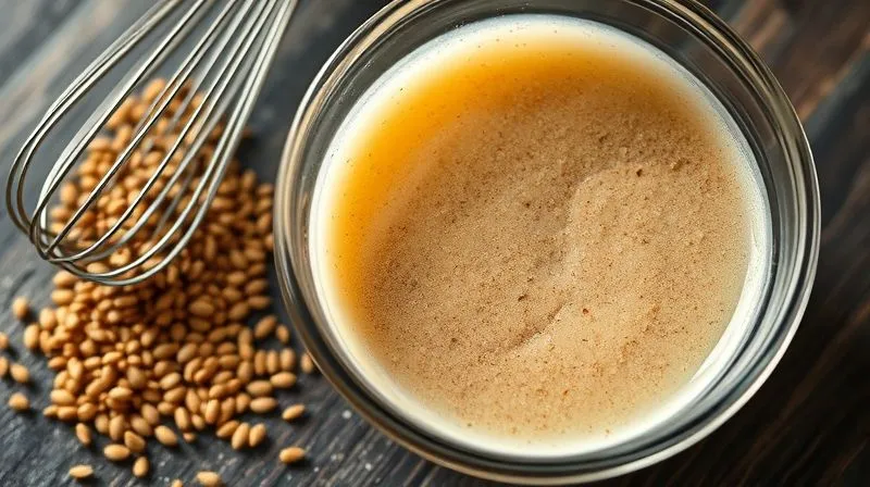 Photorealistic, professional photography, 8K, cinematic lighting, sharp focus, depth of field, shot on a high-end DSLR. A close-up of a bowl containing a gelatinous mixture of ground flaxseed and water, next to a whisk, symbolizing a natural binder for baking.
