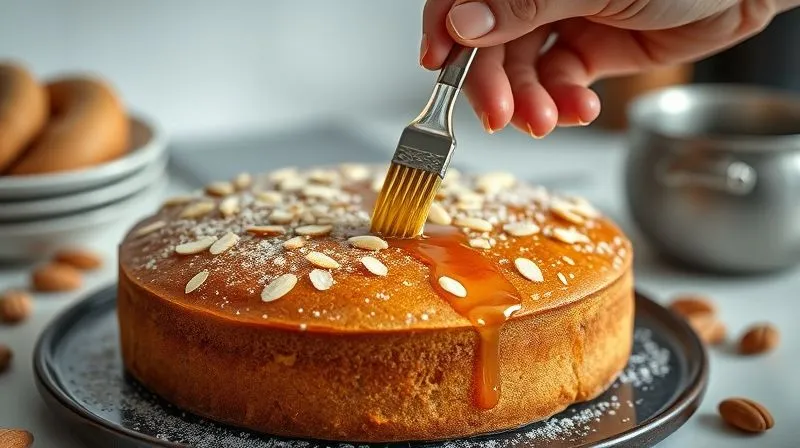 Photorealistic, professional photography, 8K, cinematic lighting, sharp focus, depth of field, shot on a high-end DSLR. A skilled hand gently brushing a warm, clear syrup onto a freshly baked gluten-free almond cake, creating a glistening, moist surface. Soft kitchen light.