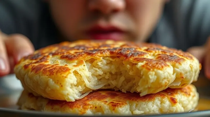 Photorealistic close-up of a dry, crumbly gluten-free rice pancake, emphasizing its unappetizing texture, with a frustrated person slightly blurred in the background, cinematic lighting.