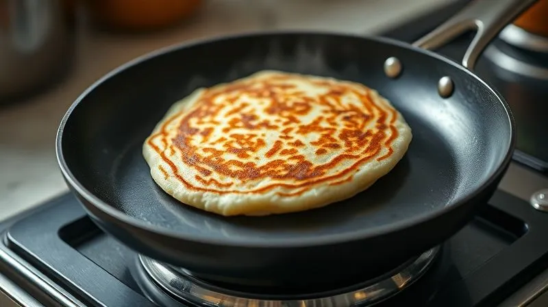 Photorealistic image of a perfectly golden-brown gluten-free rice pancake being flipped in a non-stick pan, steam rising gently, cinematic lighting, sharp focus on the pancake, depth of field blurring the kitchen background.