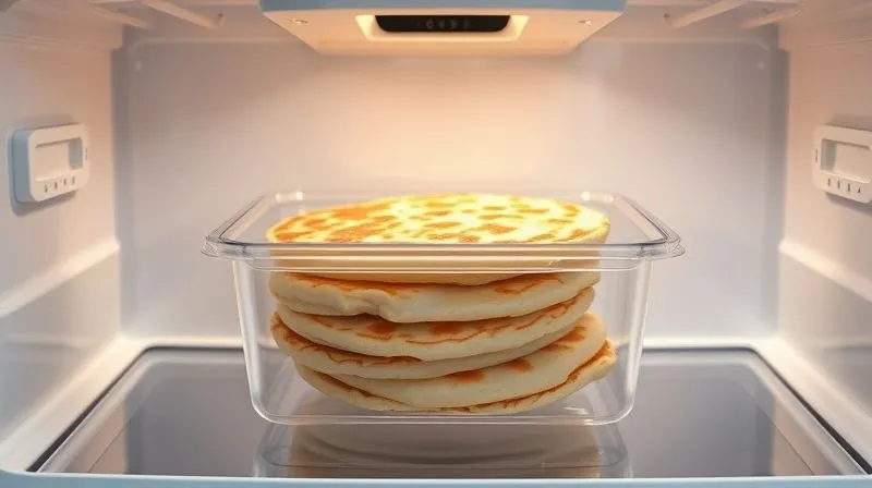 Photorealistic image of perfectly stored gluten-free rice pancakes in an airtight container in a modern, clean refrigerator, with soft, natural lighting, sharp focus on the container and pancakes.