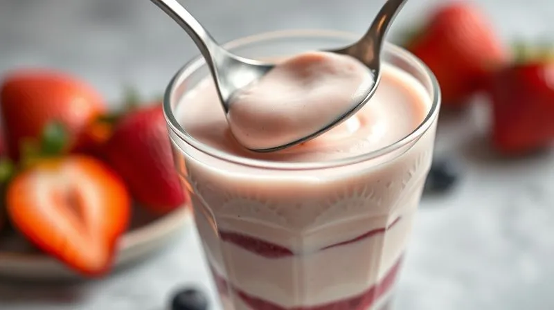 Photorealistic, professional photography, 8K, cinematic lighting, sharp focus, depth of field, shot on a high-end DSLR. A close-up of a vibrant, light, and airy gluten-free fruit mousse being gently spooned into a glass, showcasing its smooth texture and fresh fruit layers. The light is soft and inviting, highlighting its delicious and healthy appearance.