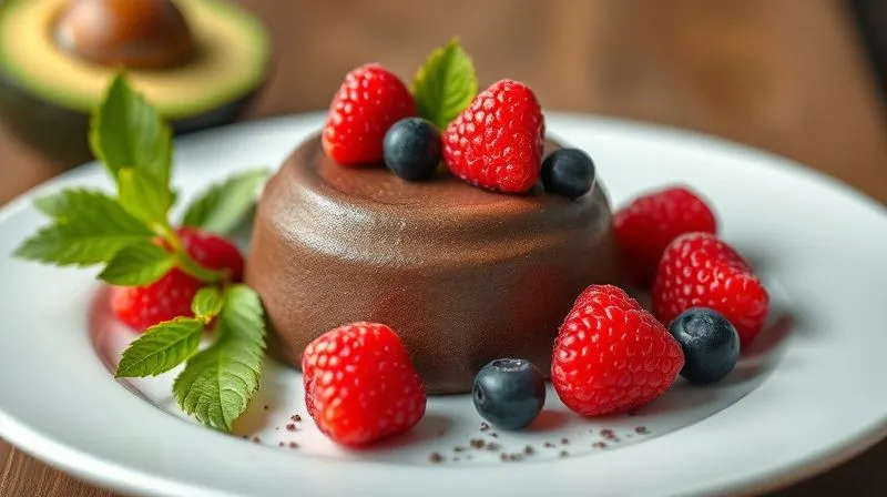 Photorealistic, professional photography, 8K, cinematic lighting, sharp focus, depth of field, shot on a high-end DSLR. A beautifully plated gluten-free chocolate-avocado mousse with fresh raspberries, showcasing rich texture and vibrant colors. The dessert is presented on a minimalist white plate, with soft, inviting light.