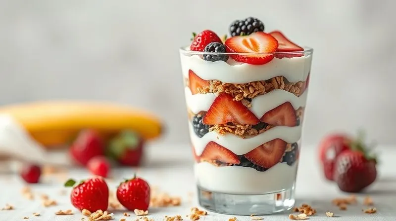 Photorealistic, professional photography, 8K, cinematic lighting, sharp focus, depth of field, shot on a high-end DSLR. A beautifully layered gluten-free fruit parfait in a clear glass, showing distinct layers of colorful fruits, light yogurt, and crunchy granola. The image emphasizes texture and visual appeal, with a soft background.