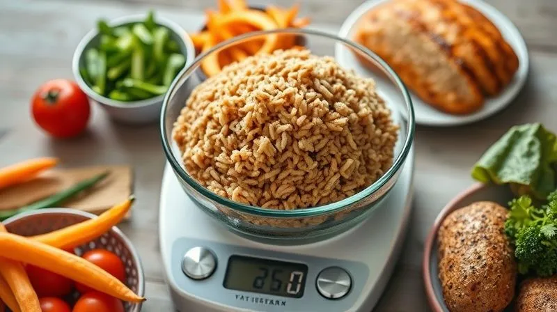 Photorealistic, professional photography, 8K, cinematic lighting, sharp focus, depth of field, shot on a high-end DSLR. A kitchen scale accurately weighing a portion of cooked brown rice, with other healthy ingredients like vegetables and lean protein artfully arranged around it, emphasizing portion control.