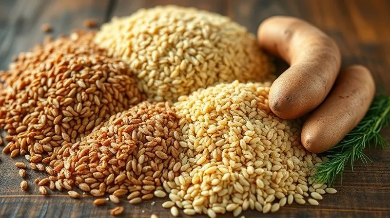 Photorealistic, professional photography, 8K, cinematic lighting, sharp focus, depth of field, shot on a high-end DSLR. A vibrant, colorful display of various gluten-free whole grains: brown rice, quinoa, buckwheat, and sweet potatoes, artfully arranged on a rustic wooden table, suggesting healthy and diverse dietary choices.