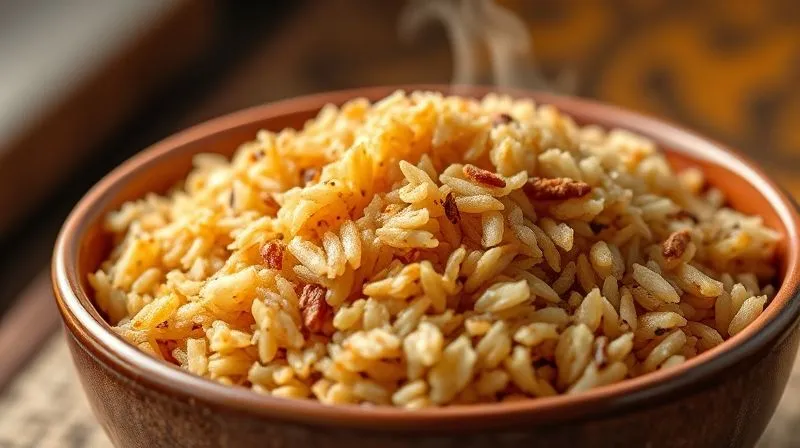 Photorealistic, professional photography, 8K, cinematic lighting, sharp focus, depth of field, shot on a high-end DSLR image of perfectly cooked, fluffy brown rice in a ceramic bowl, with steam gently rising, highlighting its ideal texture and inviting appearance.