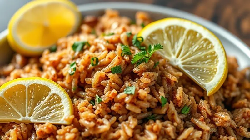 Photorealistic, professional photography, 8K, cinematic lighting, sharp focus, depth of field, shot on a high-end DSLR image of a vibrant, healthy meal featuring brown rice, fresh lemon wedges, and a sprinkle of herbs, emphasizing freshness and bright flavors.