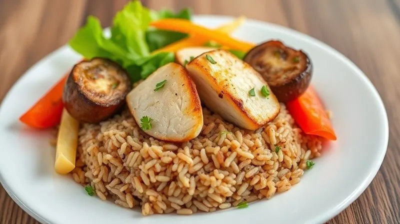 Photorealistic, professional photography, 8K, cinematic lighting, sharp focus, depth of field, shot on a high-end DSLR image of a colorful, well-balanced low-fat meal with brown rice as the base, surrounded by vibrant vegetables and lean protein, visually appealing and healthy.