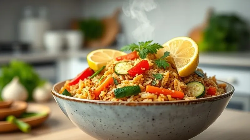 Photorealistic, professional photography, 8K, cinematic lighting, sharp focus, depth of field, shot on a high-end DSLR. A beautifully plated, vibrant bowl of brown rice mixed with colorful, steamed vegetables (like bell peppers, zucchini, carrots) and fresh herbs, garnished with a lemon wedge. The dish looks appetizing, healthy, and full of flavor, with steam gently rising. The background is a clean, modern kitchen setting.
