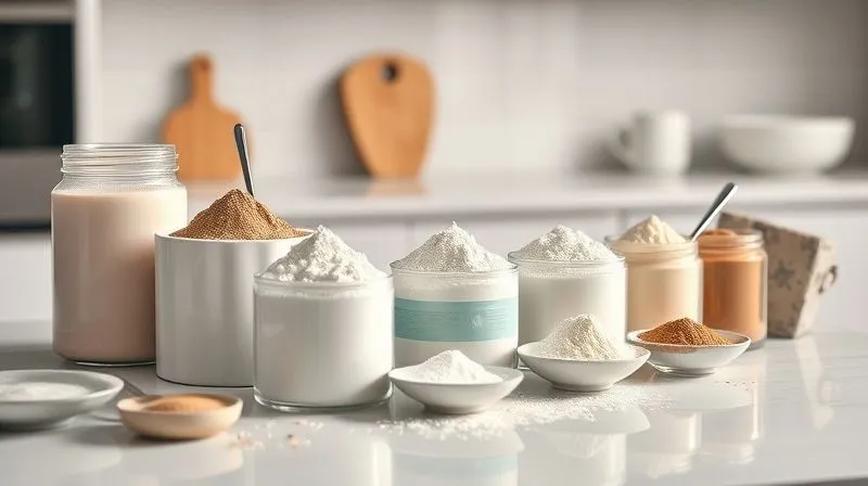 photorealistic, professional photography, 8K, cinematic lighting, sharp focus, depth of field, shot on a high-end DSLR, various types of protein powders in elegant, minimalist containers, with small spoons, arranged on a clean, light-colored kitchen counter, emphasizing purity and quality.