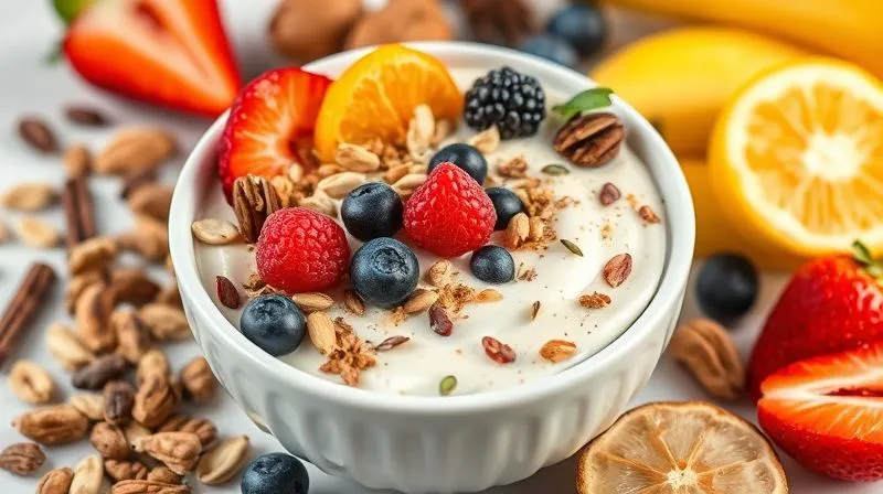 photorealistic, professional photography, 8K, cinematic lighting, sharp focus, depth of field, shot on a high-end DSLR, a vibrant array of fresh fruits, nuts, seeds, and spices artfully arranged around a bowl of creamy protein pudding, suggesting delicious and healthy toppings, with a focus on natural ingredients.