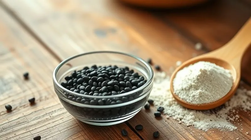 photorealistic, professional photography, 8K, cinematic lighting, sharp focus, depth of field, shot on a high-end DSLR, a small glass bowl filled with shiny black chia seeds next to a wooden spoon with psyllium husk powder, both ingredients are in sharp focus on a rustic wooden table with soft, natural light.