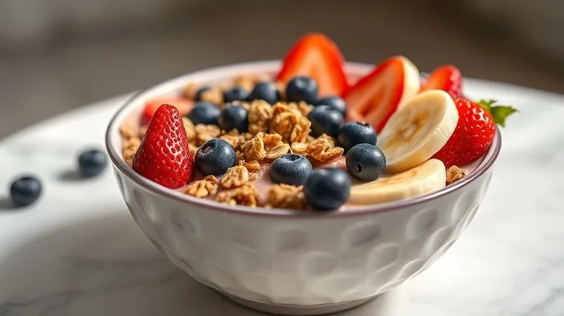 photorealistic, professional photography, 8K, cinematic lighting, sharp focus, depth of field, shot on a high-end DSLR, a vibrant, colorful protein pudding bowl filled with fresh berries (strawberries, blueberries, raspberries), sliced banana, crunchy granola, and a drizzle of nut butter, presented on a minimalist white table with soft, inviting light. The toppings are in sharp focus, emphasizing their freshness and appeal.