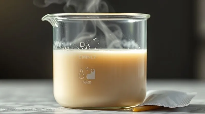 A photorealistic, professional photography shot of a clear glass beaker with a slightly viscous, creamy liquid inside, illustrating the molecular structure of protein denaturing under heat, with subtle steam rising. On the side, a small packet of xanthan gum and cornstarch. Cinematic lighting, sharp focus on the beaker, depth of field blurring the background. 8K hyper-detailed, shot on a high-end DSLR. The image should convey scientific precision and culinary chemistry.