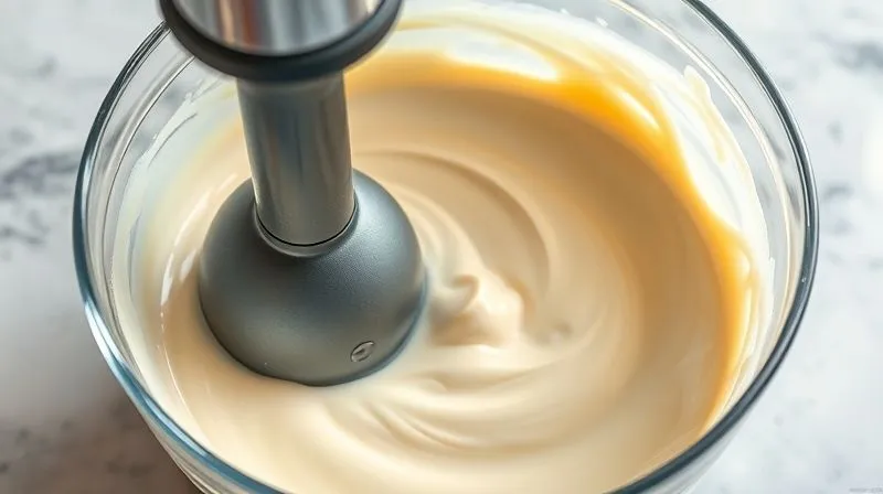 A photorealistic, professional photography shot of a powerful hand blender in action, creating a smooth, creamy vortex in a bowl of protein pudding mixture. The focus is on the swirling, homogenous texture, with splashes subtly contained within the bowl. Cinematic lighting, sharp focus on the blending process, depth of field blurring the background. 8K hyper-detailed, shot on a high-end DSLR. The image should convey efficiency and perfect texture creation.