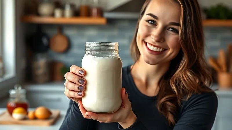 A photorealistic, professional photography shot of a happy, fit woman (Ania) holding up a perfectly creamy and visually appealing protein pudding in a glass jar, smiling confidently. In the background, a blurred image of a kitchen counter with ingredients, suggesting culinary success. Cinematic lighting, sharp focus on Ania and the pudding, depth of field. 8K hyper-detailed, shot on a high-end DSLR. The image should convey joy, achievement, and healthy eating.