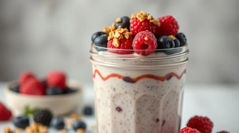 A photorealistic, professional photography shot of a perfectly set protein pudding in a clear glass jar, topped with a vibrant array of fresh berries (raspberries, blueberries), crunchy granola, and a drizzle of nut butter. The background is softly blurred, focusing on the rich textures and colors of the toppings. Cinematic lighting, sharp focus on the toppings, depth of field. 8K hyper-detailed, shot on a high-end DSLR. The image should be incredibly appetizing and inspiring.