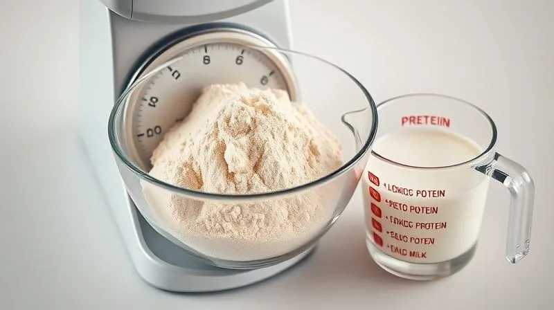Photorealistic, professional photography, 8K, cinematic lighting, sharp focus, depth of field, shot on a high-end DSLR. A close-up of a kitchen scale precisely measuring protein powder into a bowl, next to a measuring cup filled with milk. The scene is clean and minimalist, emphasizing precision and accuracy in cooking.