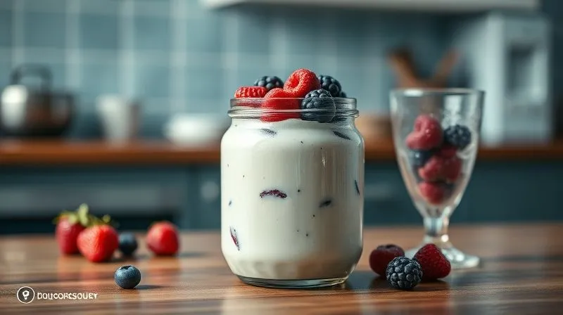 Photorealistic, professional photography, 8K, cinematic lighting, sharp focus, depth of field, shot on a high-end DSLR. A beautifully chilled glass jar of creamy protein pudding, topped with fresh berries, sitting on a wooden table next to a condensation-covered glass. The background is a soft-focused, cool-toned kitchen, evoking freshness and deliciousness.