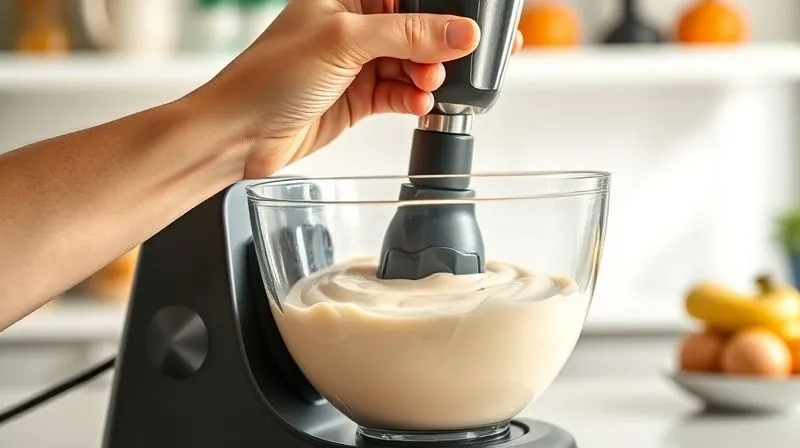 Photorealistic, professional photography, 8K, cinematic lighting, sharp focus, depth of field, shot on a high-end DSLR. A modern, sleek hand blender smoothly mixing a creamy protein pudding in a glass bowl. The pudding is visibly smooth and lump-free. The kitchen background is bright and clean, emphasizing efficiency and ease of preparation.