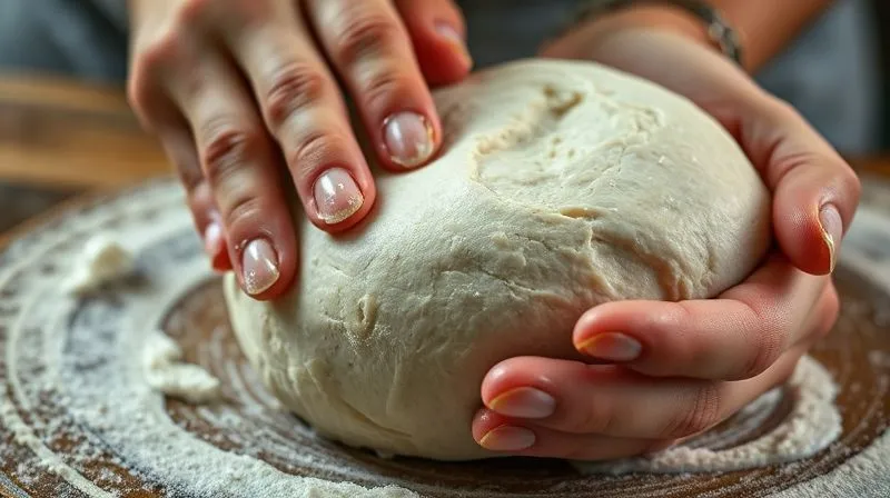 A close-up, photorealistic, professional photography, 8K, of a hand gently kneading a very wet, sticky buckwheat dough, showing its texture and high hydration. Cinematic lighting, sharp focus, depth of field, shot on a high-end DSLR, emphasizing the challenge and delicacy of handling such dough.