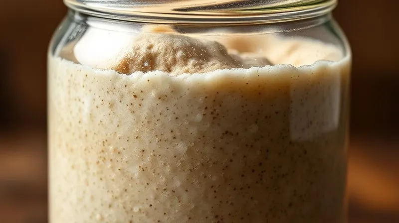 A close-up, photorealistic, professional photography, 8K, of a glass jar filled with active buckwheat sourdough starter, bubbling vigorously, with small air bubbles visible. Cinematic lighting, sharp focus on the bubbles, depth of field blurring the background, shot on a high-end DSLR, conveying vitality and readiness for baking.