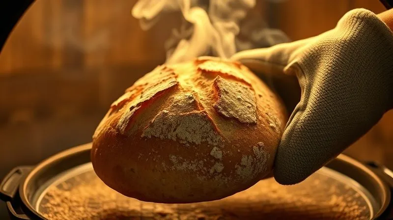 A photorealistic image of a golden-brown, perfectly crusty buckwheat bread loaf being carefully removed from a hot Dutch oven with oven mitts, steam gently rising. Cinematic lighting, sharp focus on the bread and steam, depth of field blurring the background of a rustic kitchen, 8K, professional photography, shot on a high-end DSLR, conveying warmth and fresh baking.