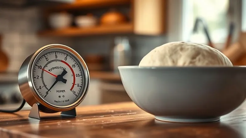 A photorealistic, professional photography, 8K, of a modern kitchen counter with a hygrometer showing optimal humidity levels, next to a rising buckwheat dough in a bowl, with soft, cinematic lighting. Sharp focus on the hygrometer and dough, depth of field blurring the background, shot on a high-end DSLR, emphasizing environmental control in baking.