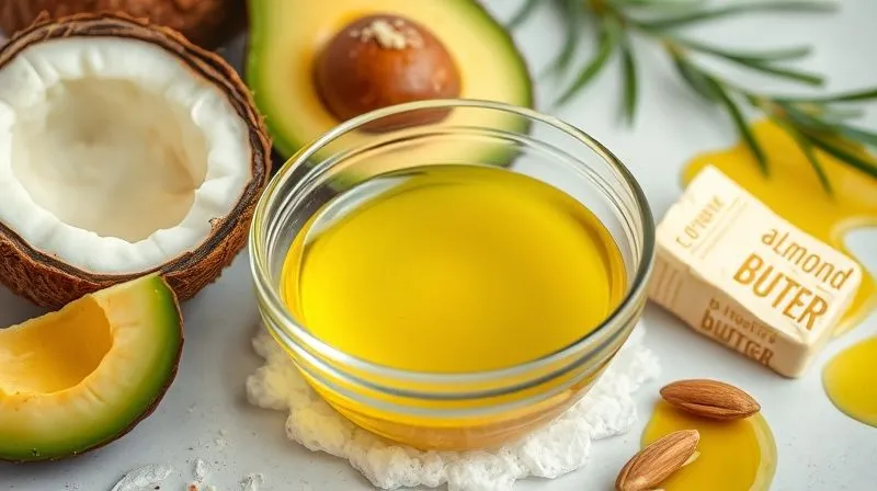 A photorealistic, professional photography of a variety of healthy fats arranged aesthetically: melted coconut oil in a small glass bowl, sliced avocado, a spoonful of natural almond butter, and a drizzle of olive oil. 8K, cinematic lighting, sharp focus, depth of field, shot on a high-end DSLR, evoking health and richness.