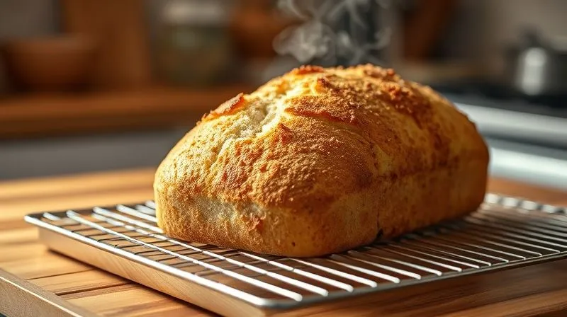 A photorealistic image of a perfectly golden-brown coconut bread loaf cooling on a wire rack on a wooden kitchen counter, with soft, warm cinematic lighting emphasizing its inviting texture. Steam is subtly rising from the bread. Sharp focus on the loaf, depth of field blurring the background, 8K, professional photography, shot on a high-end DSLR.